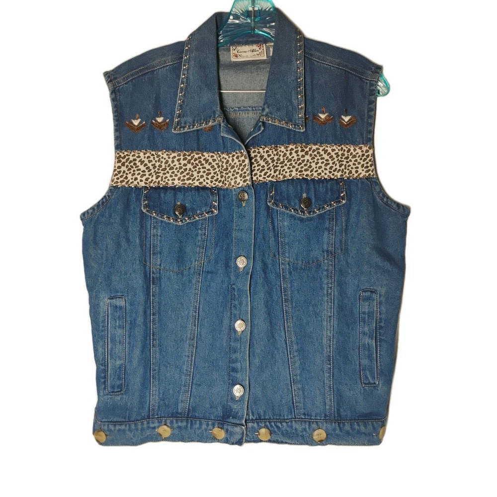 Vintage 90s Carrie Allen‎ Womens Large Denim Jean Vest Animal Print